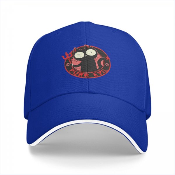 Black baseball cap with devil cat 'Purr Evil' graphic print