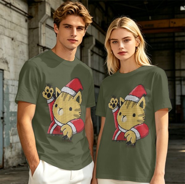 Olive Green T-Shirt With Waving Christmas Cat Graphic