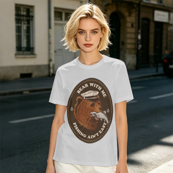 Olive t-shirt with bear captain fishing pun graphic
