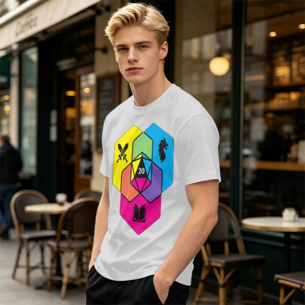 Olive T-Shirt With D20 And Fantasy RPG Themed Hexagon Art