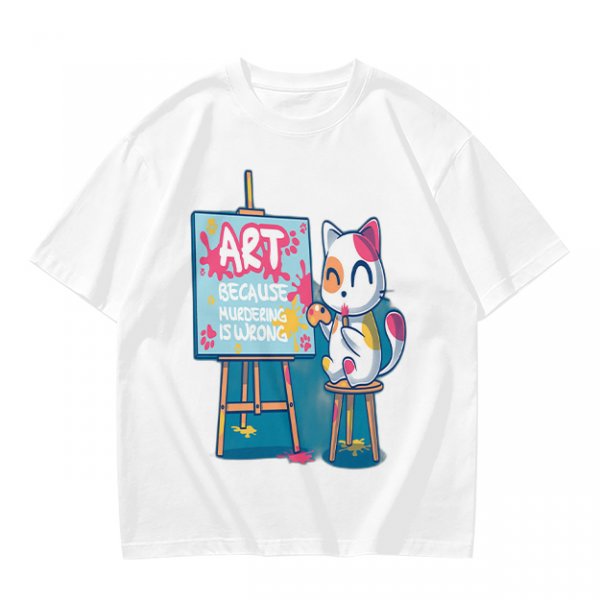 Olive T-Shirt With Cute Artist Cat Art Because Murder Is Wrong Print