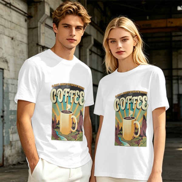 Olive Graphic T-Shirt With Coffee And Mountain Sunrise Design