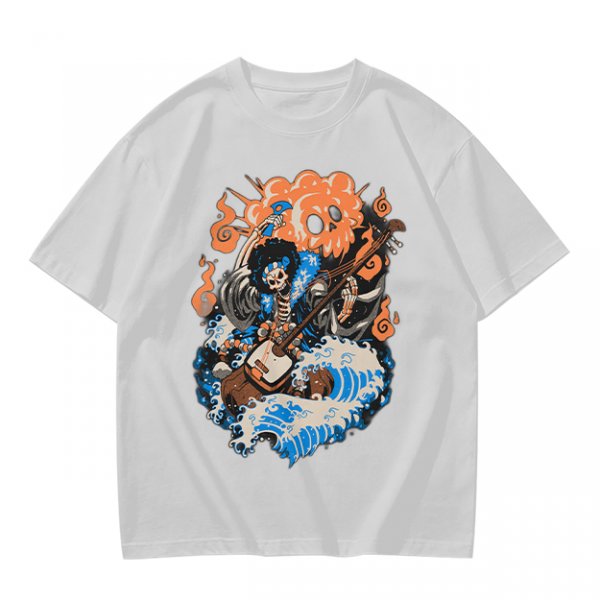 Olive T-shirt with Skeleton Musician Playing Guitar Over Ocean Waves