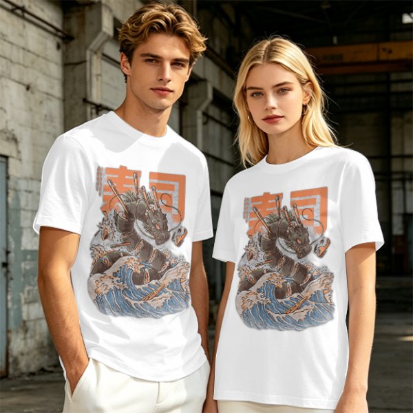 Olive T-shirt with Sushi Dragon Wave Graphic Print