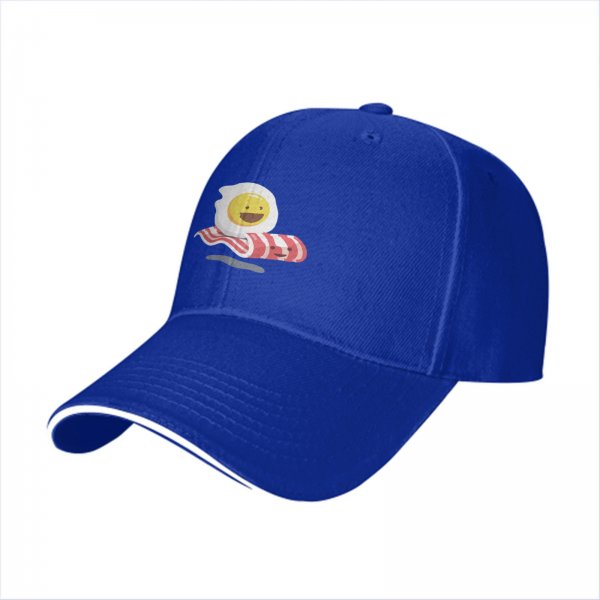 Black Baseball Cap with Smiling Fried Egg and Bacon Print