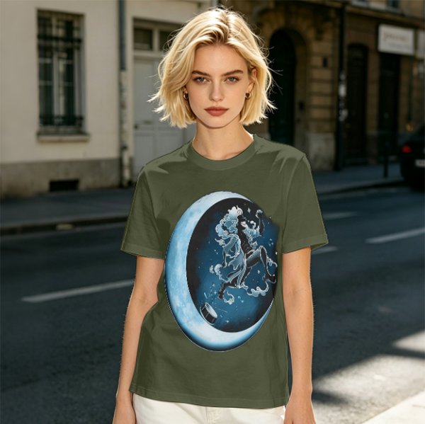 Olive T-Shirt With Crescent Moon And Dancing Spirit Graphic