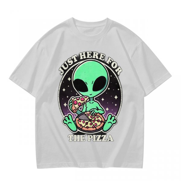 Olive green t-shirt with alien eating pizza text Just Here For The Pizza