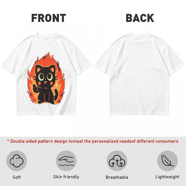 Olive T-Shirt With Cute Black Cat Thumbs Up On Flames Graphic