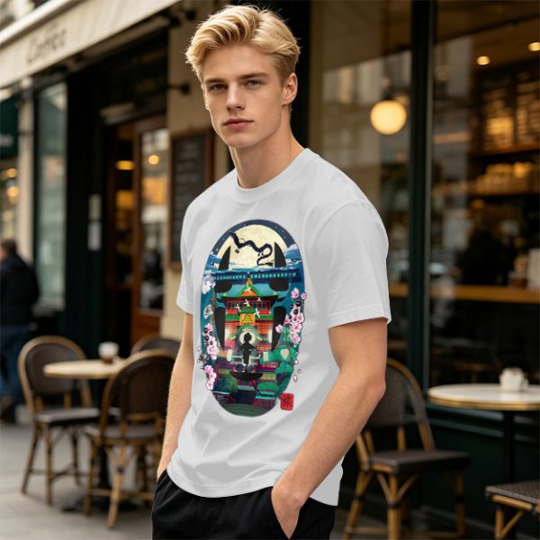 Spirited Away Bathhouse Graphic Tee with No Face and Dragon Art