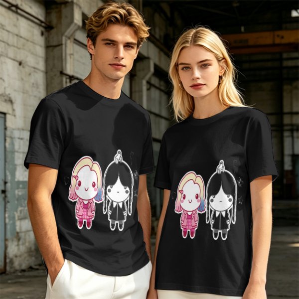 Olive T-Shirt with Chibi Wednesday Addams and Enid Sinclair Print