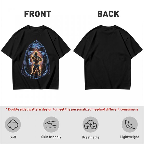 Olive T-Shirt with Muscular Hero Emerging from Hooded Figure Art