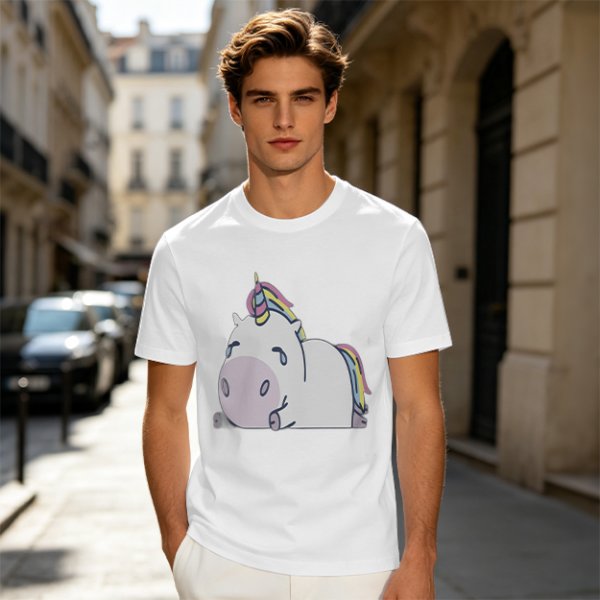 Olive Green T-Shirt With Crying Chubby Unicorn Rainbow Print