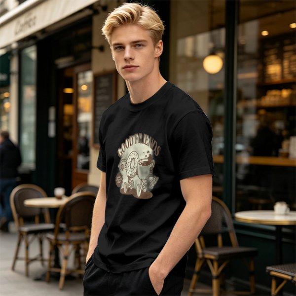 Olive green graphic t-shirt with good friends donut and coffee print