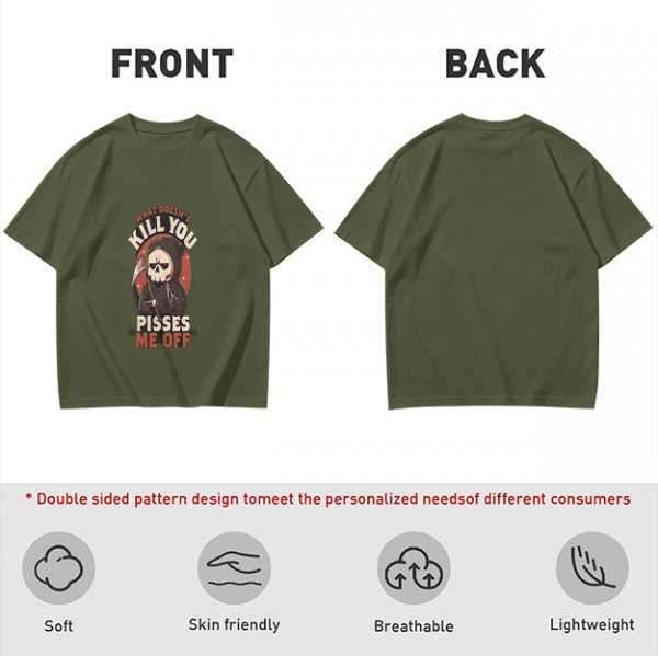 Olive t-shirt with grim reaper graphic and provocative text