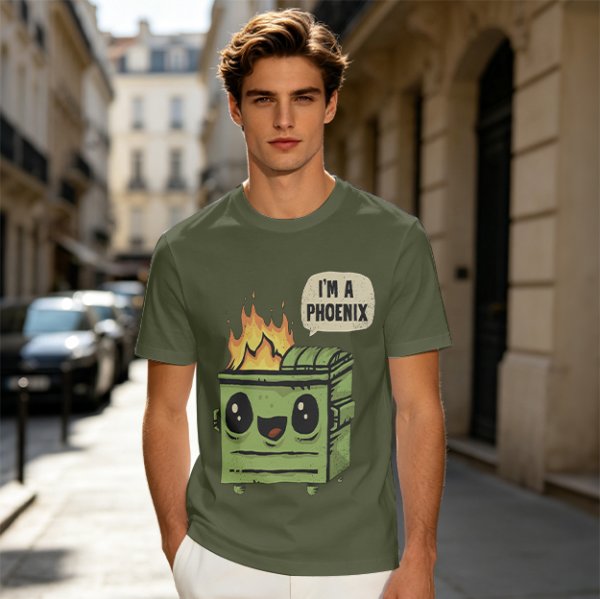 Olive green t-shirt with a cartoon dumpster on fire saying I'm a phoenix