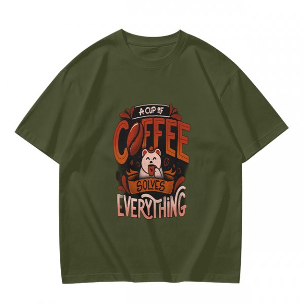 Olive t-shirt with coffee bear graphic that says a cup of coffee solves everything