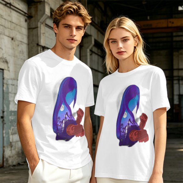 Olive T-Shirt With Purple Haired Figure Night Scene Print