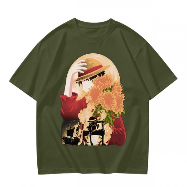 Olive anime graphic t-shirt with straw hat and sunflowers