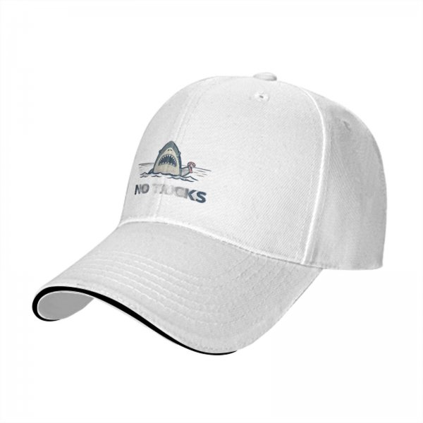 Black baseball cap with shark graphic and 'NO' text print