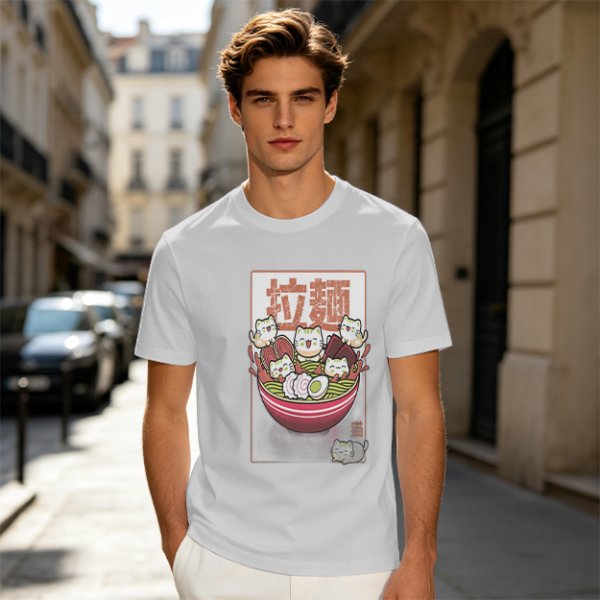 Olive T-Shirt With Cute Ramen Cat Bowl Graphic Print