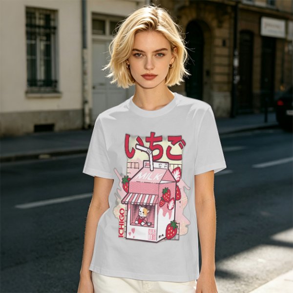 Olive T-Shirt with Strawberry Milk Carton Cat Shop Graphic