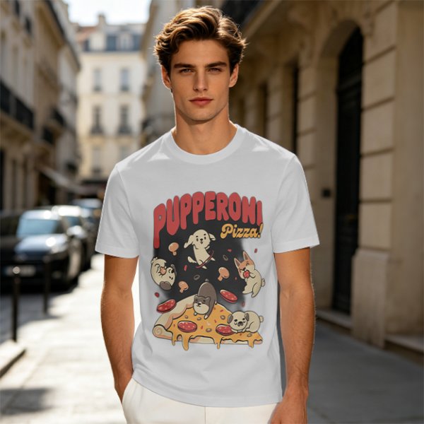 Olive green graphic t-shirt with playful pupperoni pizza dog design