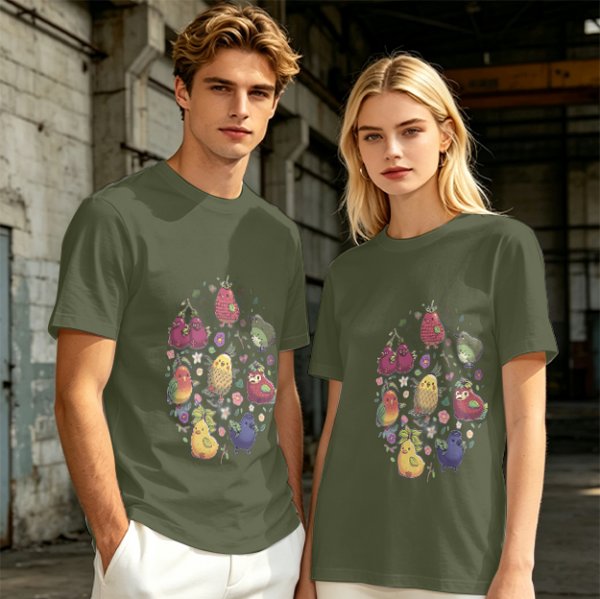 Olive Green T-Shirt With Whimsical Fruit Bird Graphic Print