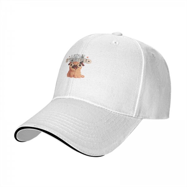 Black baseball cap with 'I MAY BE STUPID' and cute pug graphic