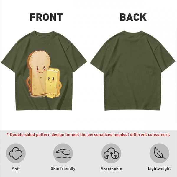 Olive T-Shirt With Cute Cartoon Bread And Butter Graphic