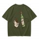 Olive T-Shirt With Cartoon Coffee Mug And Wine Bottle Print