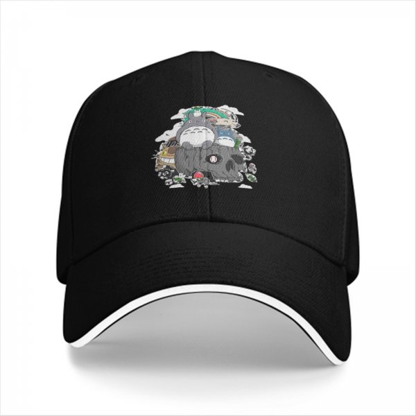 Black baseball cap with My Neighbor Totoro themed graphic print