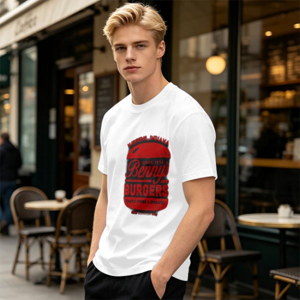 Olive green t-shirt with Benny's Burgers Hawkins Indiana graphic