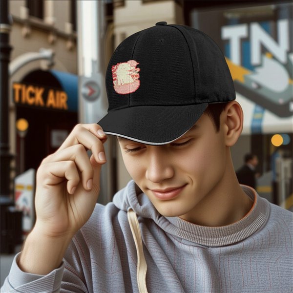 Black Baseball Cap With Cute Dinosaur In Ramen Bowl Graphic
