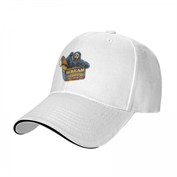 Black baseball cap with Scream Ghostface fast food themed graphic