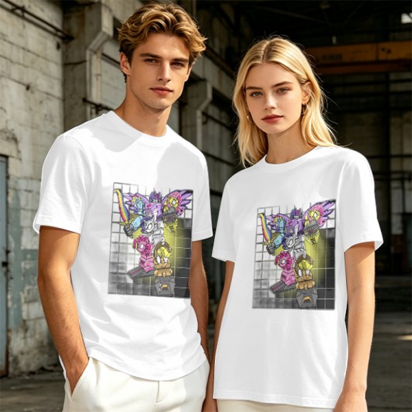Olive T-shirt with colorful robot transformer graphic print