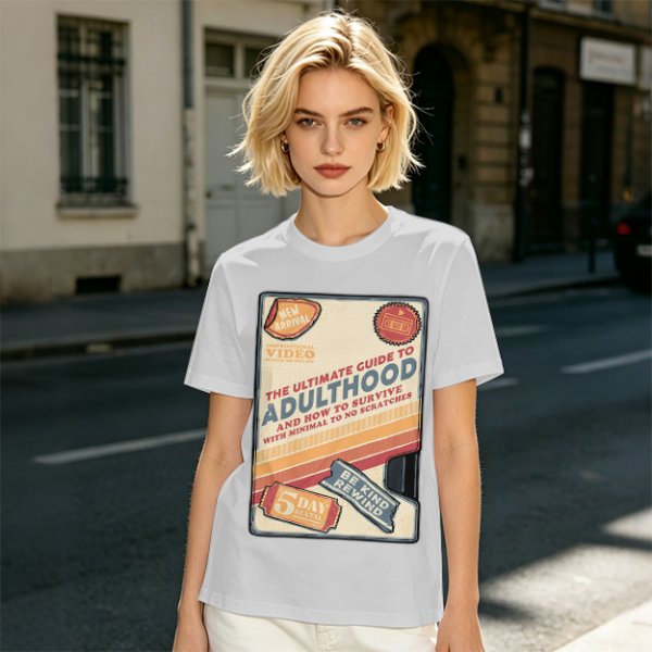 Olive t-shirt with retro guide to adulthood VHS-style print