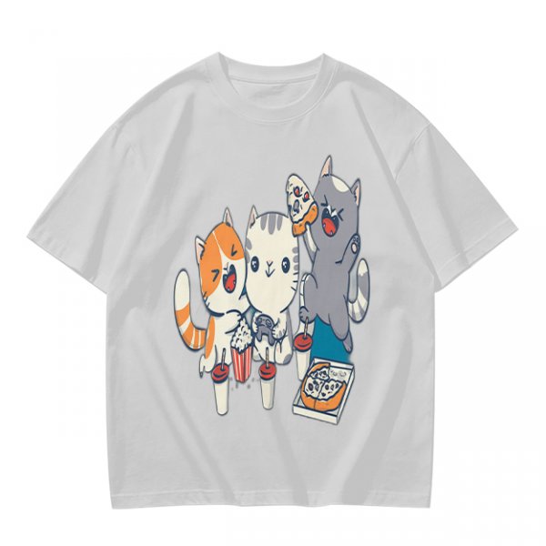 Olive T-Shirt With Cute Cats Enjoying Pizza And Snacks Print