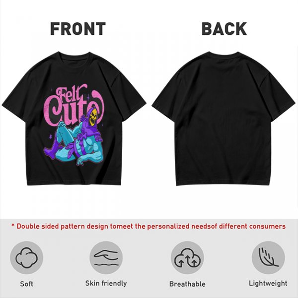 Olive t-shirt with 'Felt Cute' Skeletor graphic print