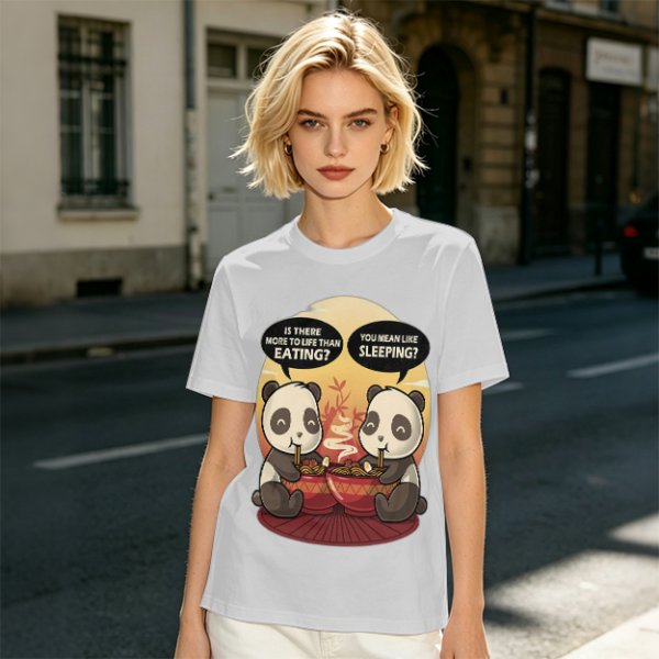 Olive t-shirt with pandas debating life beyond eating and sleeping