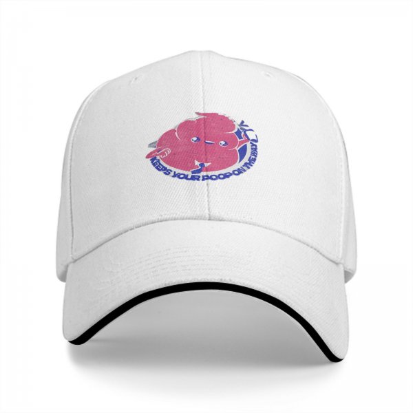 Black baseball cap with cartoon poop graphic and text print
