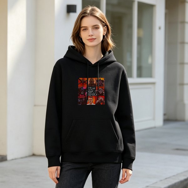 Black hoodie with horror themed graphic print of characters and text