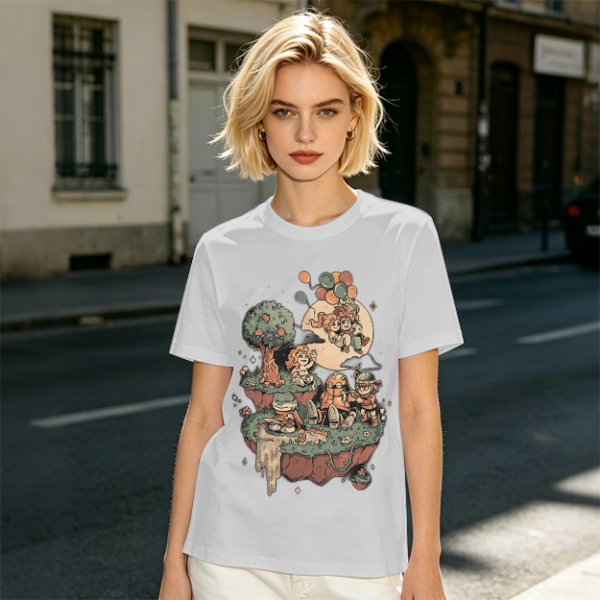 Olive T-Shirt With Whimsical Floating Island Children Art Print