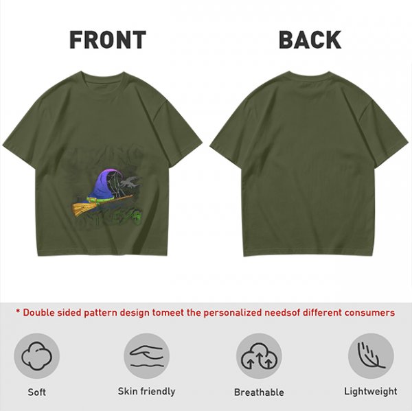 Olive T-Shirt with Witch Hat and Broom Halloween Graphic