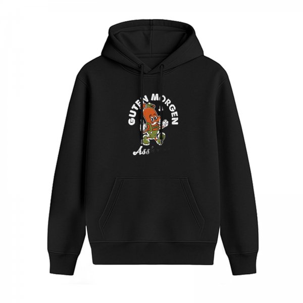 Black hoodie with 'Guten Morgen' cartoon graphic print
