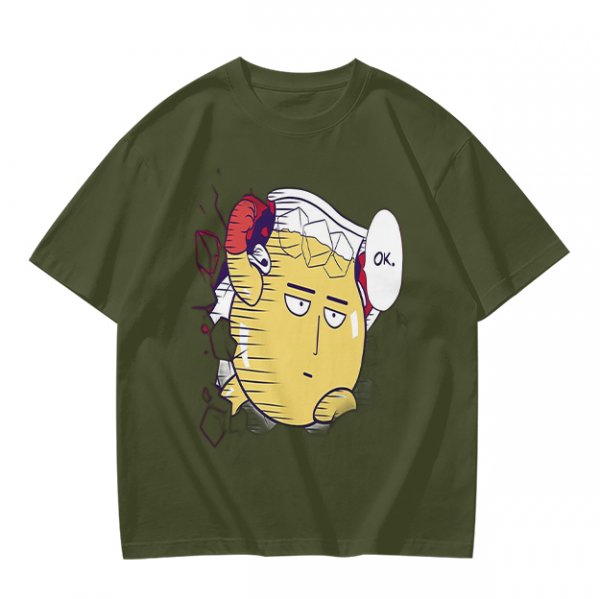 Oversized Olive T-Shirt with Saitama 'OK' Anime Graphic Print