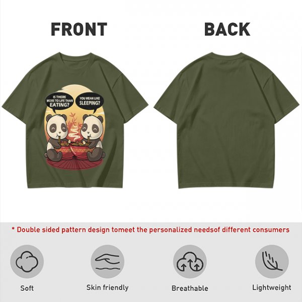 Olive t-shirt with pandas debating life beyond eating and sleeping