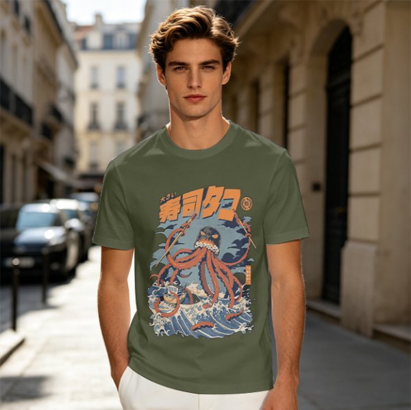 Japanese octopus sushi wave graphic t-shirt design