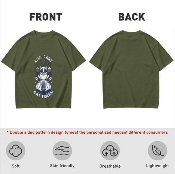 Olive graphic t-shirt with raccoon 'Live Fast Eat Trash' print