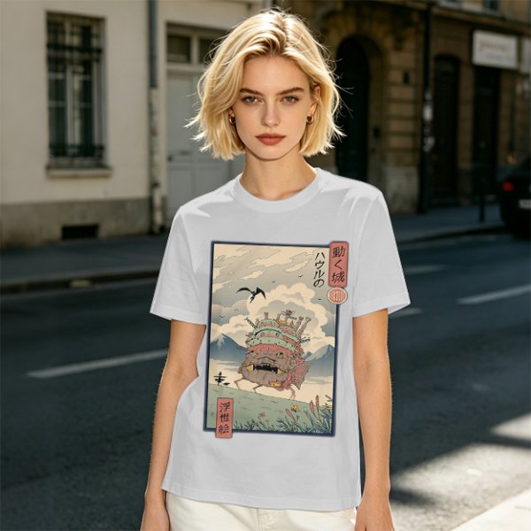 Olive t-shirt with ukiyo-e style Howl's Moving Castle print