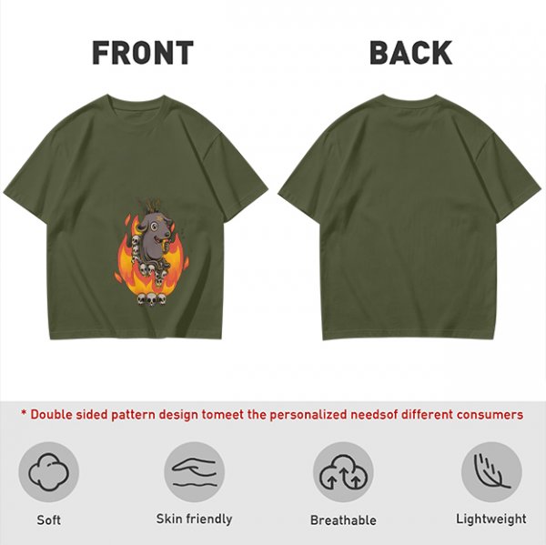 Olive T-Shirt With Cartoon Goat On Flames And Skulls Print